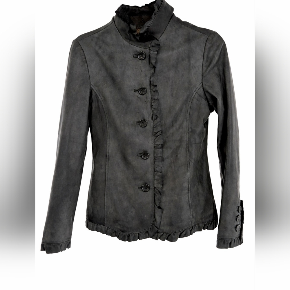 Dana Buchman Gray Distressed Ruffle Trim Lambskin Leather Jacket OVERSIZED S